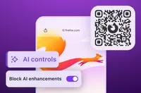 Illustration of a browser feature interface on a purple background. A QR code appears in the top-right corner above a floating settings panel labeled “AI controls.” The panel includes a “Block AI enhancements” toggle switch turned on, with colorful abstra