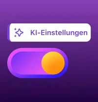 Illustration eines Schalters für KI-Einstellungen mit der deutschen Beschriftung „KI-Einstellungen“ auf violettem Farbverlauf-Hintergrund.
