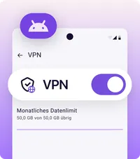 Aktiviertes VPN auf einem Android-Smartphone mit einem monatlichen Datenlimit von 50 GB.