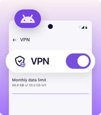 VPN enabled on an Android phone, showing a 50 GB monthly data limit.