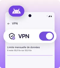 VPN activé sur un téléphone Android, avec une limite mensuelle de données de 50 Go.