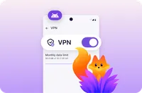 Illustration of Mozilla VPN enabled on an Android phone, with the Firefox fox in the foreground.