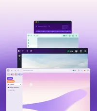 Mehrere überlappende Firefox-Fenster mit verschiedenen Farbdesigns, Hintergrundbildern und vertikalen Tabs vor einem violetten Hintergrund.