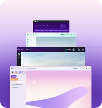 Several overlapping Firefox windows with different color themes, wallpapers, and vertical tabs against a purple background.