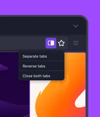 Illustration of a browser window with a tab management menu open, displaying options including “Separate tabs,” “Reverse tabs,” and “Close both tabs” on a purple background.