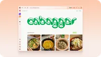 Illustration d’une fenêtre Firefox avec une barre latérale verticale, affichant un site de cuisine avec un grand titre vert et quatre photos de plats.