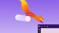 Kit, the Firefox mascot, leaps over a large toggle switch toward a browser window on a purple background.