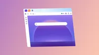 Illustrated Firefox window with a purple New Tab background, a centered search bar, and icons along the left sidebar.