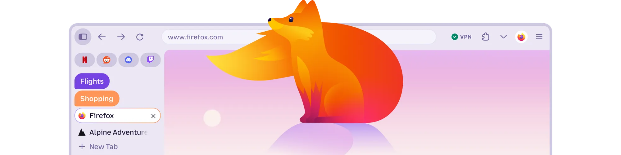 Illustration of the Firefox fox mascot beside a browser window showing a colorful sidebar and rounded tab pills