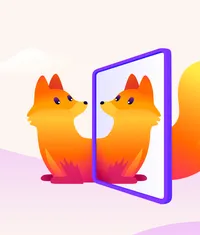 Firefox-Fuchs schaut in einen Spiegel und sieht sein Spiegelbild.