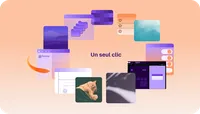 Collage de fenêtres de navigateur colorées, d’aperçus de sites web et de photos sur un fond rose et violet.