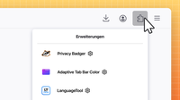 „Symbolleiste des Firefox-Browsers mit dem über das Puzzle-Symbol geöffneten Erweiterungen-Menü, das installierte Add-ons wie Privacy Badger, Adaptive Tab Bar Color und LanguageTool anzeigt.“