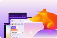 Illustration d’un renard orange à côté de fenêtres Firefox superposées, avec des onglets verticaux et des groupes d’onglets colorés.