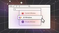 An illustration of a Firefox browser window with a dropdown menu showing three options: “Current Window,” “AI Window,” and “Private Window.” A cursor is selecting the “AI Window” option. The background features a dark, star-filled grid pattern with subtle