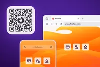 Illustration d’un code QR Firefox à côté d’écrans de navigateur sur ordinateur et mobile affichant la page d’accueil de firefox.com, avec des icônes de paiement, de sécurité et de favoris sur un fond violet et orange.