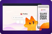 Illustration of Kit, Firefox mascot, on a mobile and desktop device with QR code