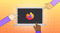 Ein Laptop, der das Firefox-Logo auf dem Bildschirm zeigt, mit drei gezeichneten Händen, die darauf zeigen, vor einem gelb-orangefarbenen Hintergrund mit Gittermuster.