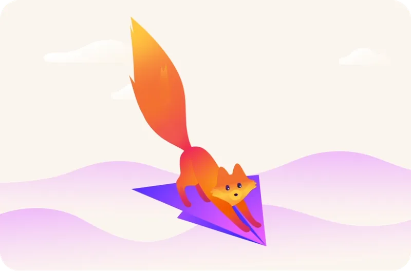 Animation von Kit, dem Firefox-Maskottchen, das auf einem Papierflieger durch die Luft fliegt.