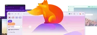 Kit, la mascotte de Firefox, est assis au-dessus de plusieurs fenêtres Firefox superposées. La fenêtre au premier plan affiche des onglets verticaux regroupés sous « Flights » et « Shopping ».