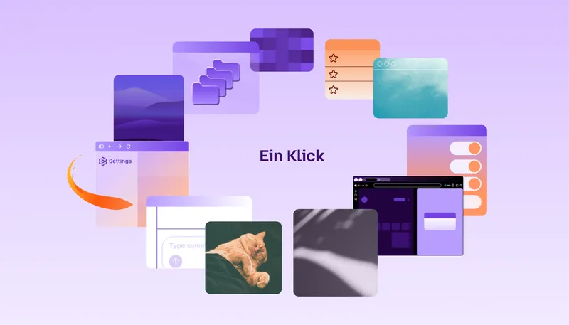 Eine Animation mit Browserfenstern, Ordnern, Lesezeichen, Einstellungen und Fotos umgibt den Schriftzug „1 kleiner Klick“.