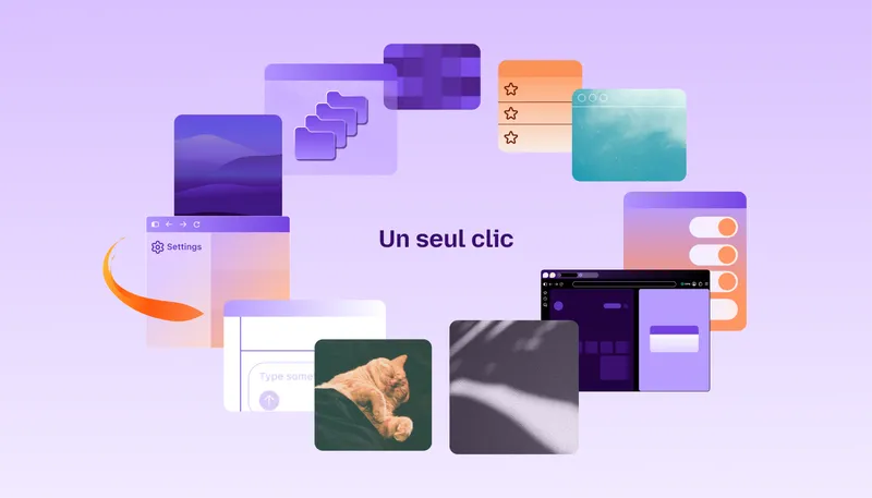 Une animation de fenêtres de navigateur, de dossiers, de marque-pages, de paramètres et de photos entoure les mots « 1 petit clic ».