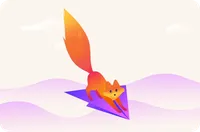 Colorful illustration of a fox riding a purple paper airplane through a pastel sky.