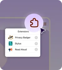 Add-ons image on grey background featuring add-ons: stylus, privacy badger, and read aloud.