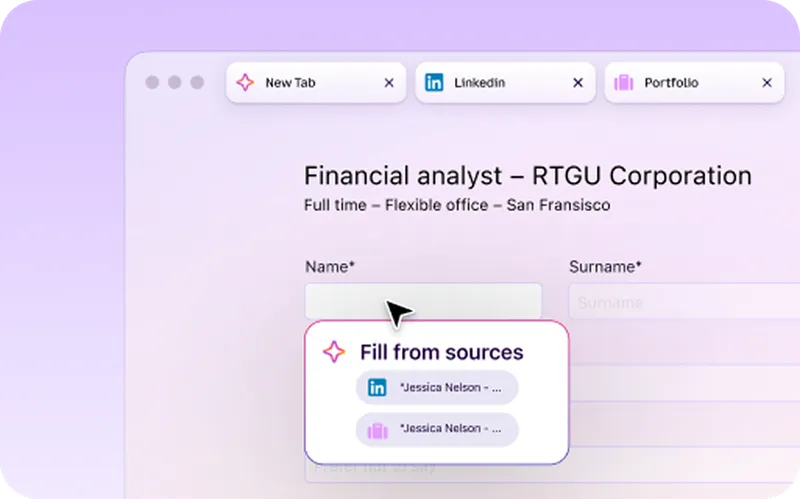 Animation showing a user selecting “Fill from sources” to automatically fill a job application with contact details from an open LinkedIn tab.