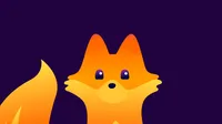 Kit, the Firefox mascot, faces forward with paws outstretched and a large tail to the left, against a dark purple background.