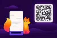 Illustration d’un smartphone et du renard Firefox sur fond violet, avec un grand code QR affichant le logo Firefox.