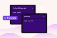 Illustration of two purple translation interface panels showing language selections and translated text, with a “Translate” label on a soft light background.