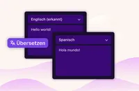 Illustration einer Übersetzungsoberfläche mit der Übersetzung von „Hello world!“ aus dem Englischen ins Spanische.