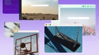 A collage of Firefox windows with different colors and backgrounds, including a desert, mountains, a basketball hoop, and a swing.