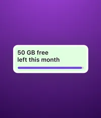 Card on a purple background showing “50 GB free left this month” with a progress bar.