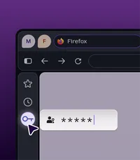 Firefox-Fenster mit hervorgehobenem Schlüsselsymbol in der Seitenleiste, einem Mauszeiger und einem durch Sternchen verdeckten Passwortfeld.
