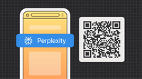 Eine Illustration eines Smartphones mit orangefarbenem Bildschirm und einem blauen Banner mit der Aufschrift „Perplexity“. Rechts daneben befindet sich ein großer schwarz-weißer QR-Code auf einem weißen quadratischen Hintergrund.