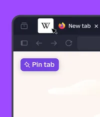 Illustration of a browser window with a pinned tab icon highlighted and a “Pin tab” label displayed on a purple background.