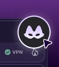 Symbol für den privaten Modus in Firefox mit einer Fuchsmaske und einem Mauszeiger vor einem violetten Browserfenster mit VPN-Anzeige.