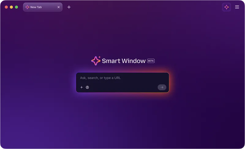 Animation demonstrating Firefox Smart Window. The user switches from a classic Firefox window to Smart Window, then enters natural-language requests into an AI-powered search and chat field, including questions about a birthday, vegetarian recipes, and planning a wedding trip to New Orleans.