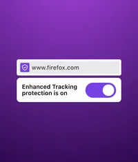 Firefox address bar showing www.firefox.com  and a card stating “Enhanced Tracking Protection is on” with the toggle enabled.