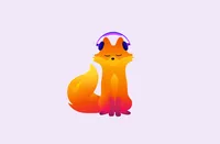 Ein gezeichneter orangefarbener Fuchs mit Kopfhörern vor einem hellvioletten Hintergrund.