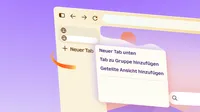 Illustration eines Firefox-Fensters mit geöffnetem Tab-Menü. Zu sehen sind „Neuer Tab unten“, „Tab zu Gruppe hinzufügen“ und „Geteilte Ansicht hinzufügen“.
