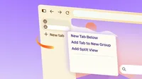Illustration of a Firefox window with a tab menu open, showing “New Tab Below,” “Add Tab to New Group,” and “Add Split View.”