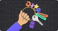 „Illustration, die eine Hand zeigt, die einen Schlüsselring mit einem physischen Schlüssel und farbigen Symbolen hält, darunter das Firefox-Logo, Passwortsymbole, eine Uhr und ein Stern, die für Sicherheit und hilfreiche Browserfunktionen stehen.“