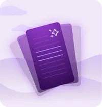 Illustration von zwei überlappenden violetten Dokumentkarten mit Linien, die Text darstellen, sowie einem kleinen Funkel-Symbol in der oberen Ecke vor einem weichen hellvioletten Hintergrund.
