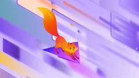 Kit, la mascotte renard de Firefox, survole des fenêtres de navigateur floues à bord d’un avion en papier violet, évoquant la vitesse.