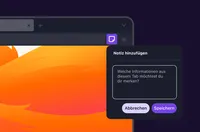 Eine Firefox-Browseroberfläche zeigt ein Popup-Fenster mit dem Titel „Notiz hinzufügen“. Im Eingabefeld steht der Text „Was möchten Sie sich zu diesem Tab merken?“. Unten befinden sich zwei Schaltflächen: „Abbrechen“ und „Speichern“. In der Symbolleiste d