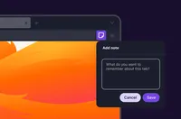 A browser window showing a feature to add notes to a tab. A pop-up dialog titled “Add note” includes a text field asking what to remember about the tab, with Cancel and Save buttons below, and a note icon highlighted in the toolbar.