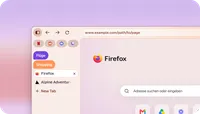 Illustration eines Firefox-Fensters mit vertikalen Tabs und zwei farblich gekennzeichneten Tab-Gruppen neben einer „Neuer Tab“-Seite.