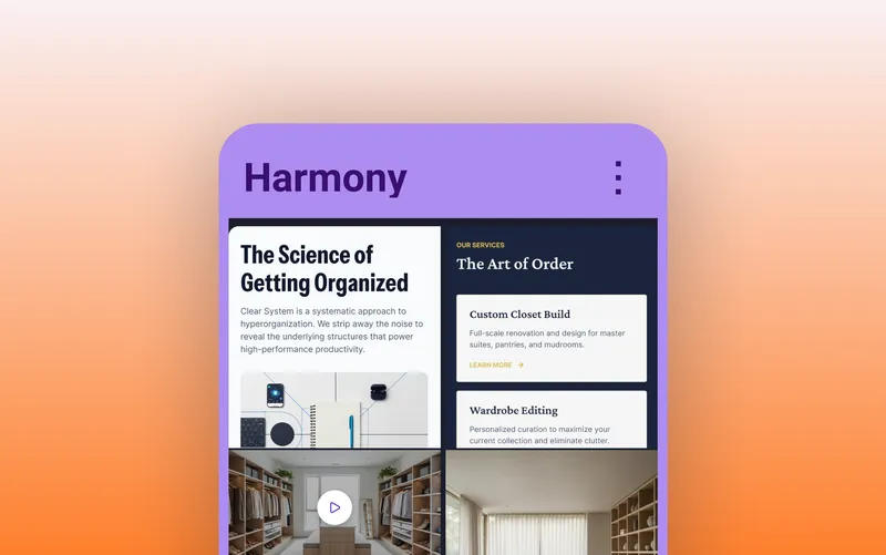Animation showing multiple open tabs on a mobile device being dragged together into a single tab group. The newly created group is labeled "Harmony."